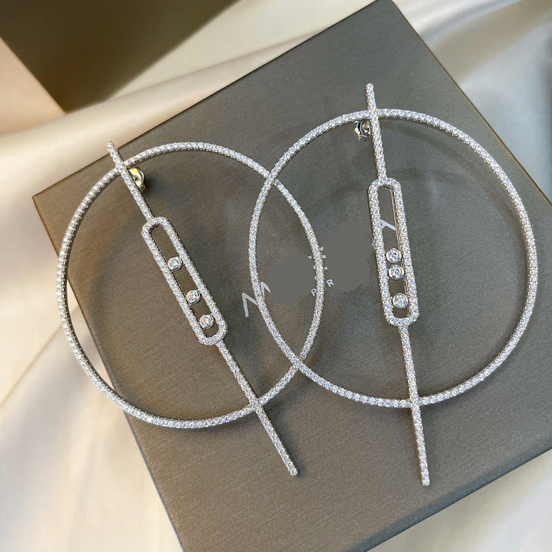 [Sprite Jewelry]Move Large Hoop Earrings, Three Sliding Diamonds